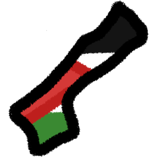 A land mass matching the shape of gaza with a black outline and the interior matching the palestinian flag: 3 stripes black, white, then green and a red triangle.